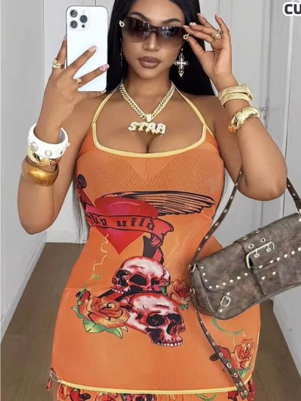 New! Women's Orange Graphic Halter Bodycon Dress